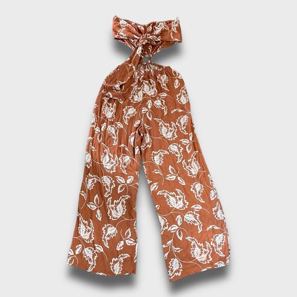 LUSH NEW ALMOND CREAM LEAF FLORAL CUTOUT JUMPSUIT BROWN SMALL - Picture 2 of 9